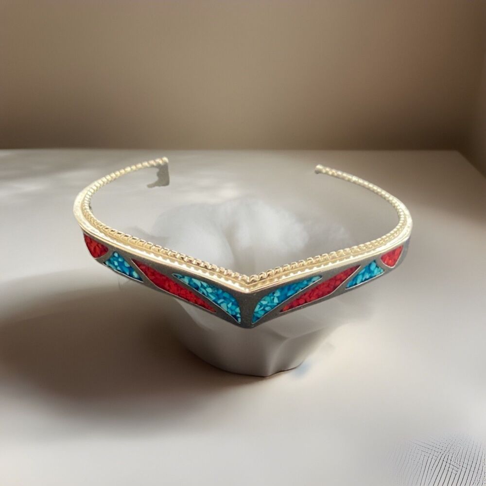 ZUNI NAVAJO 925 Silver Vintage Turquoise & Coral Pointed Cuff Bracelet